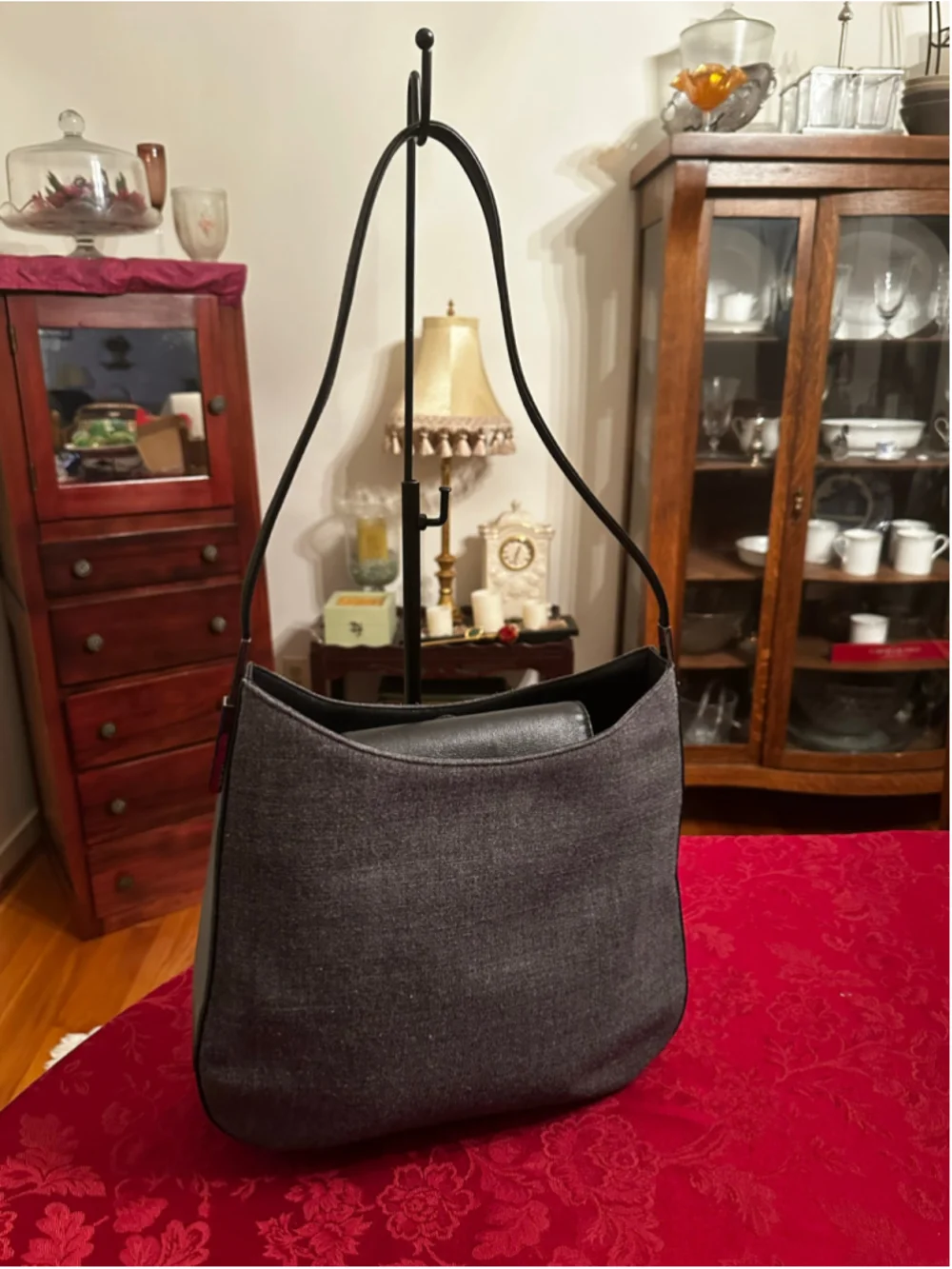 Gianni Versace Gray Wool and Black Leather Medusa Hobo Bag